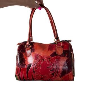 Genuine Leather Tiger Satchel Handbag Red Hand Tooled Artisan Made in India